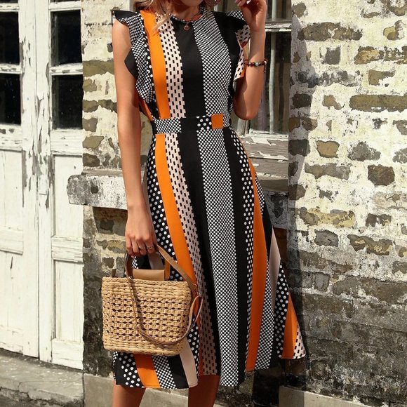 Multicolor Boho womens Polka Dot & Geo Print Ruffle Trim Dress - Picture 3 of 5